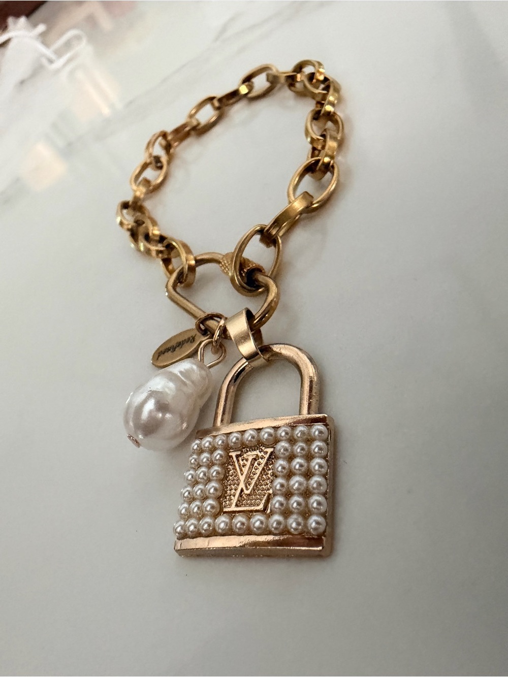 Gold Pearl Padlock Charm Bracelet